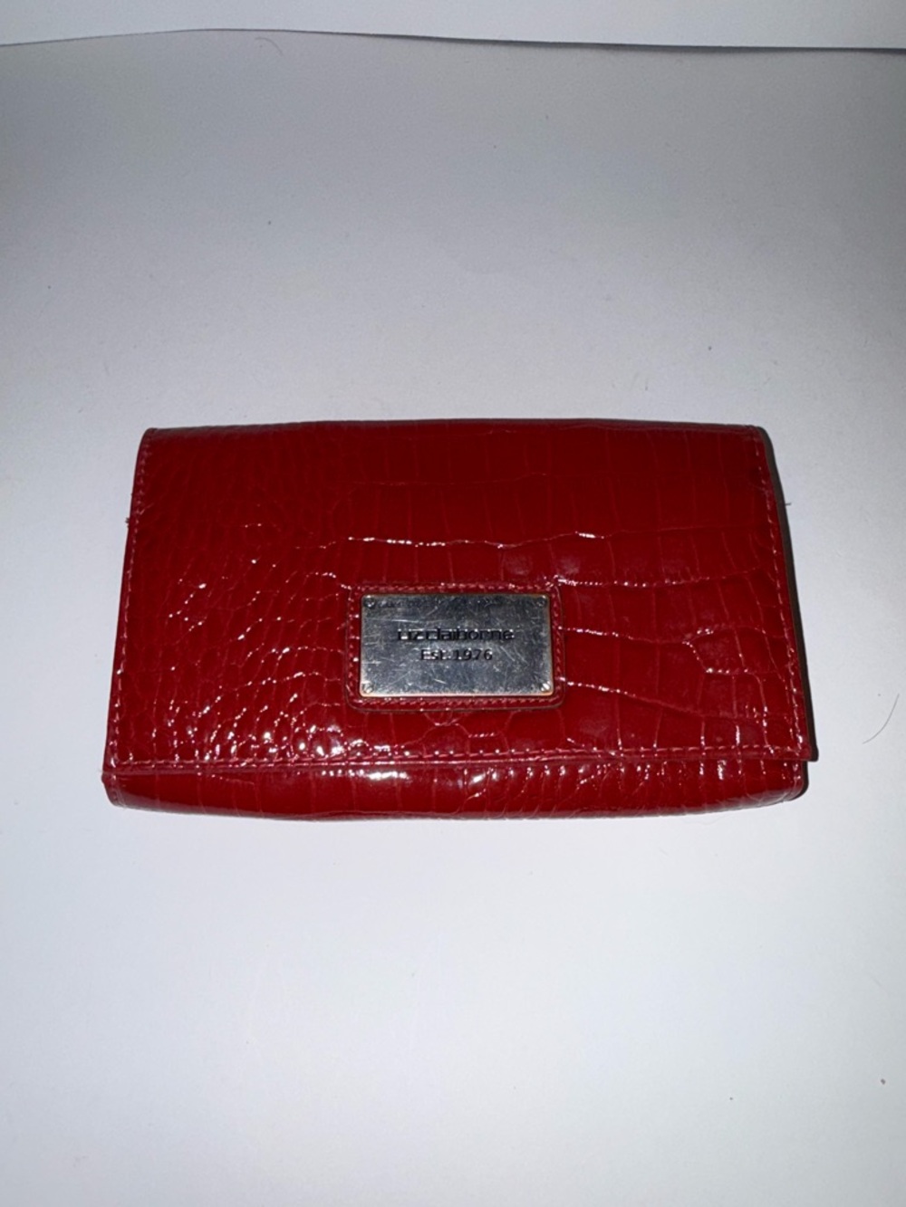 Red Croc-Embossed Wallet with Metal Logo Plate